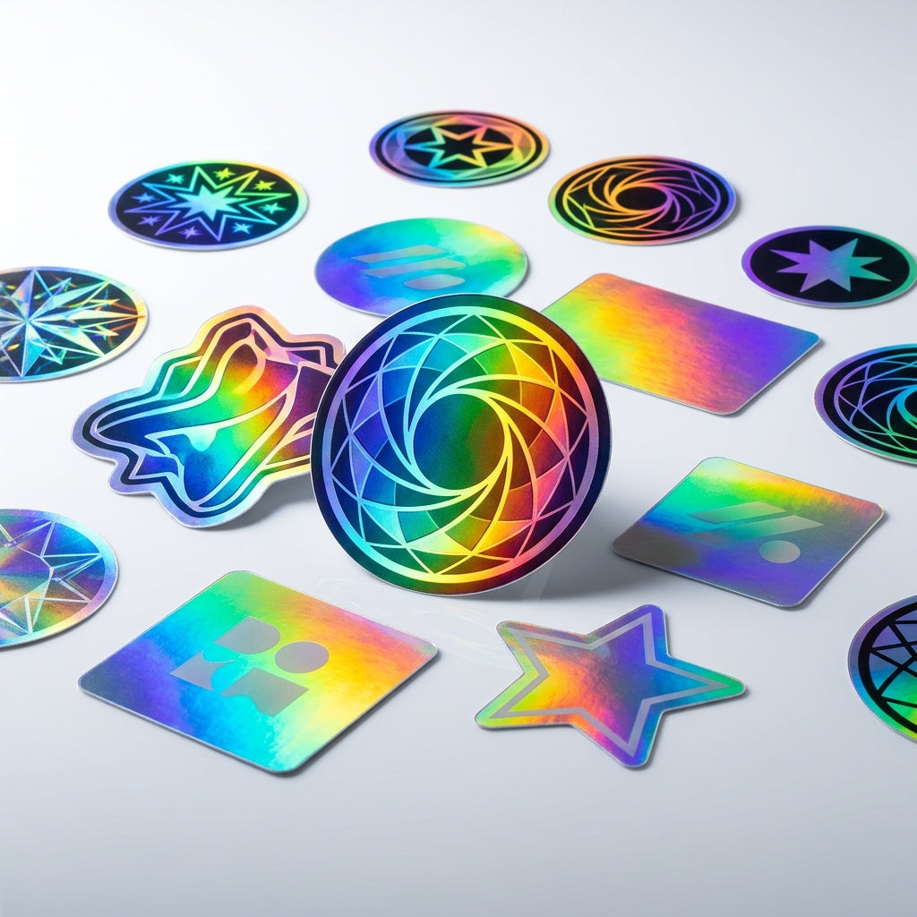Custom holographic stickers with rainbow iridescent shimmer effect