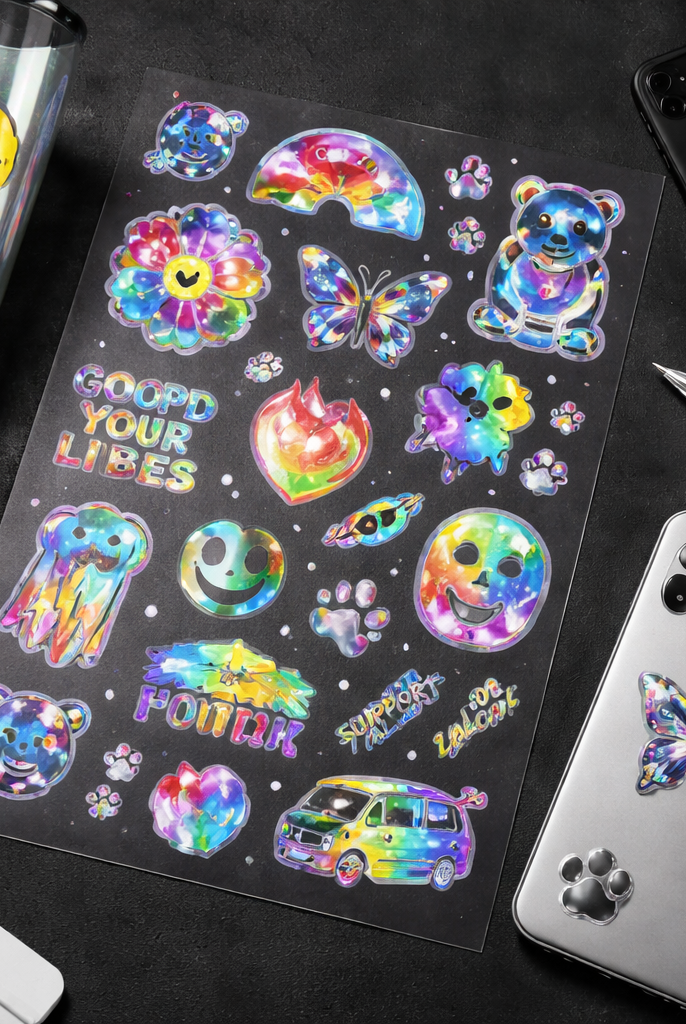 UV DTF Gang Sheet - Holographic UV transfers on clear film for hard surfaces like tumblers and phone cases