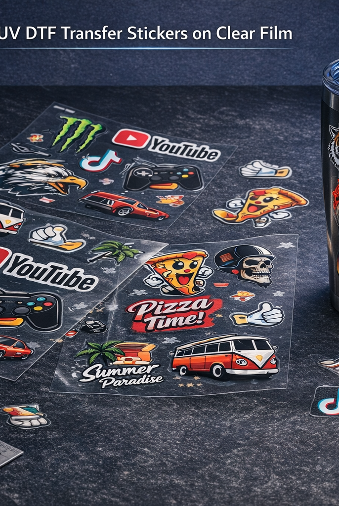 UV DTF gang sheets and finished products - tumbler, phone case, laptop cover