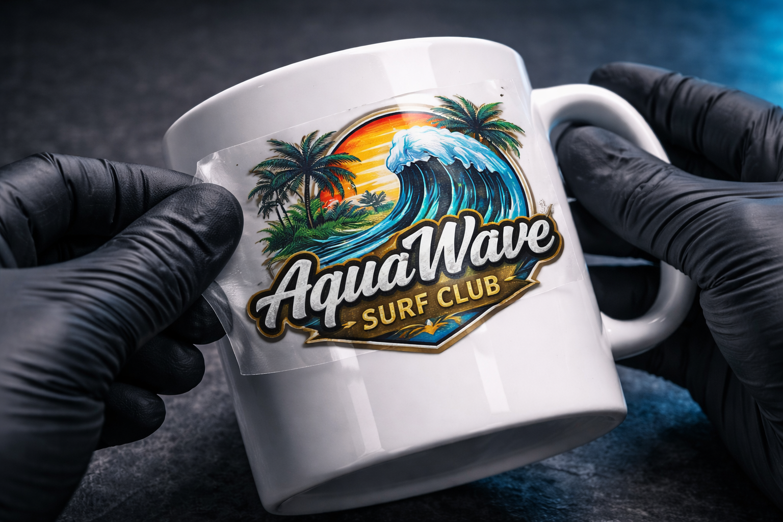 UV DTF transfer being applied to white ceramic mug with colorful logo