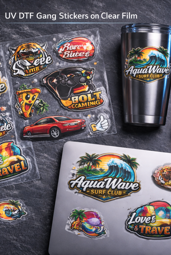 Three stainless steel tumblers with vibrant UV DTF transfers applied