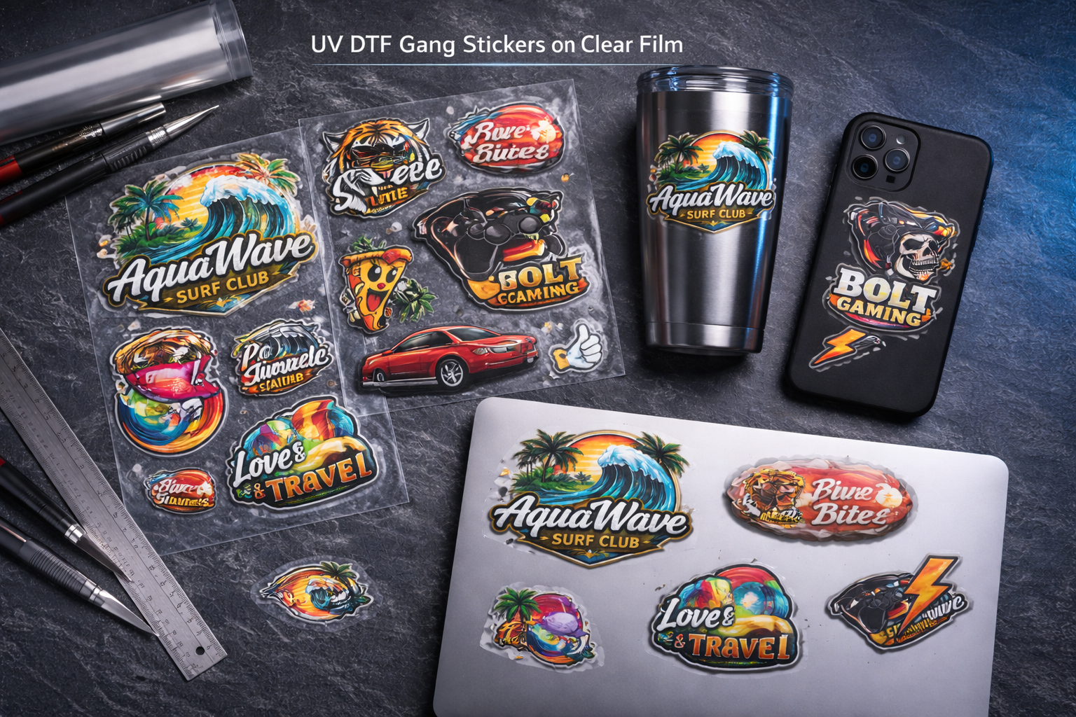 Three stainless steel tumblers with vibrant UV DTF transfers applied