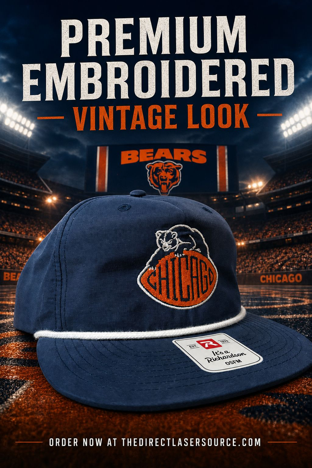 A navy blue Chicago Bears flat-brim cap with orange and white embroidered logo, shown in front of a stadium scene with large promotional text reading 'PREMIUM EMBROIDERED VINTAGE LOOK.'.