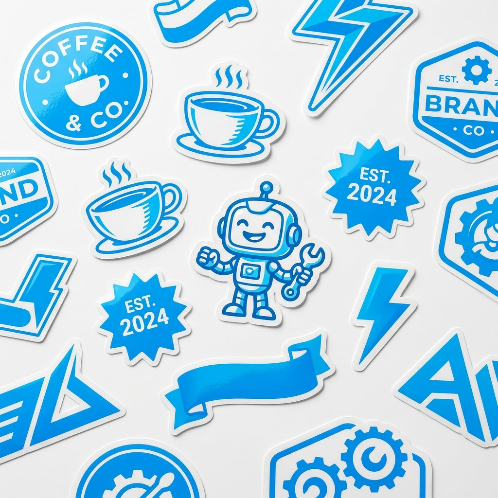 Custom die cut stickers in various shapes with precision-cut edges