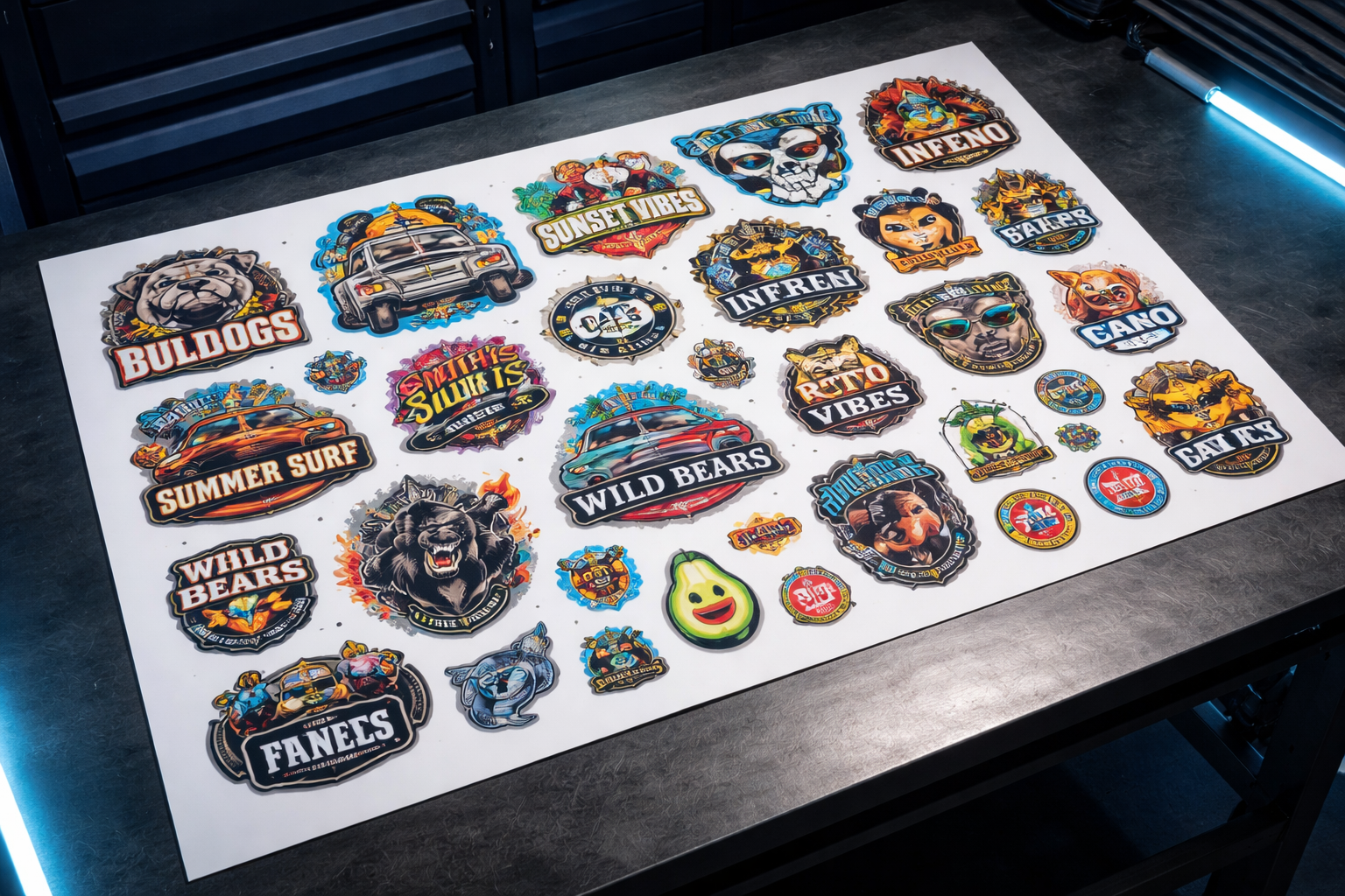 DTF gang sheet with colorful full-color designs printed on white PET film