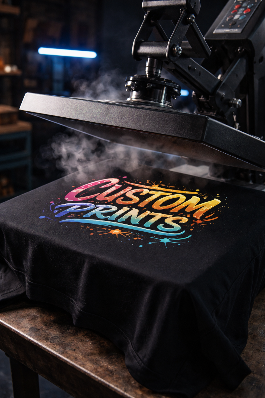 Heat press machine applying DTF transfer to black t-shirt with vibrant design