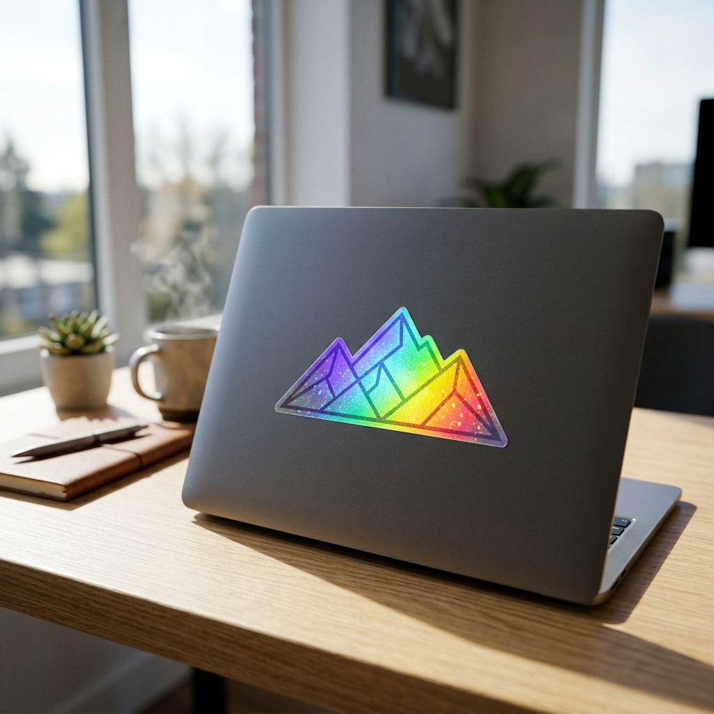 Holographic sticker on laptop showing rainbow light effect