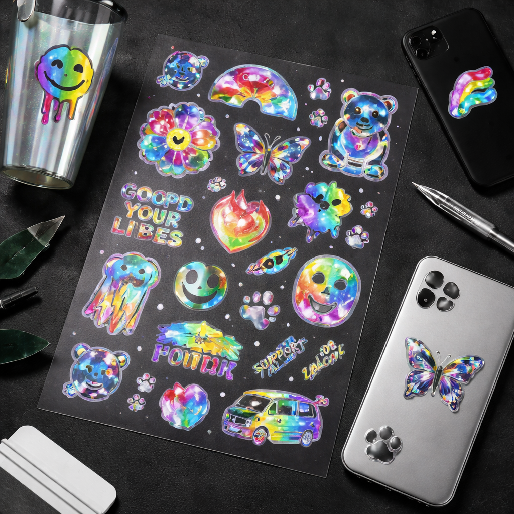 UV DTF Gang Sheet - Holographic UV transfers on clear film for hard surfaces like tumblers and phone cases