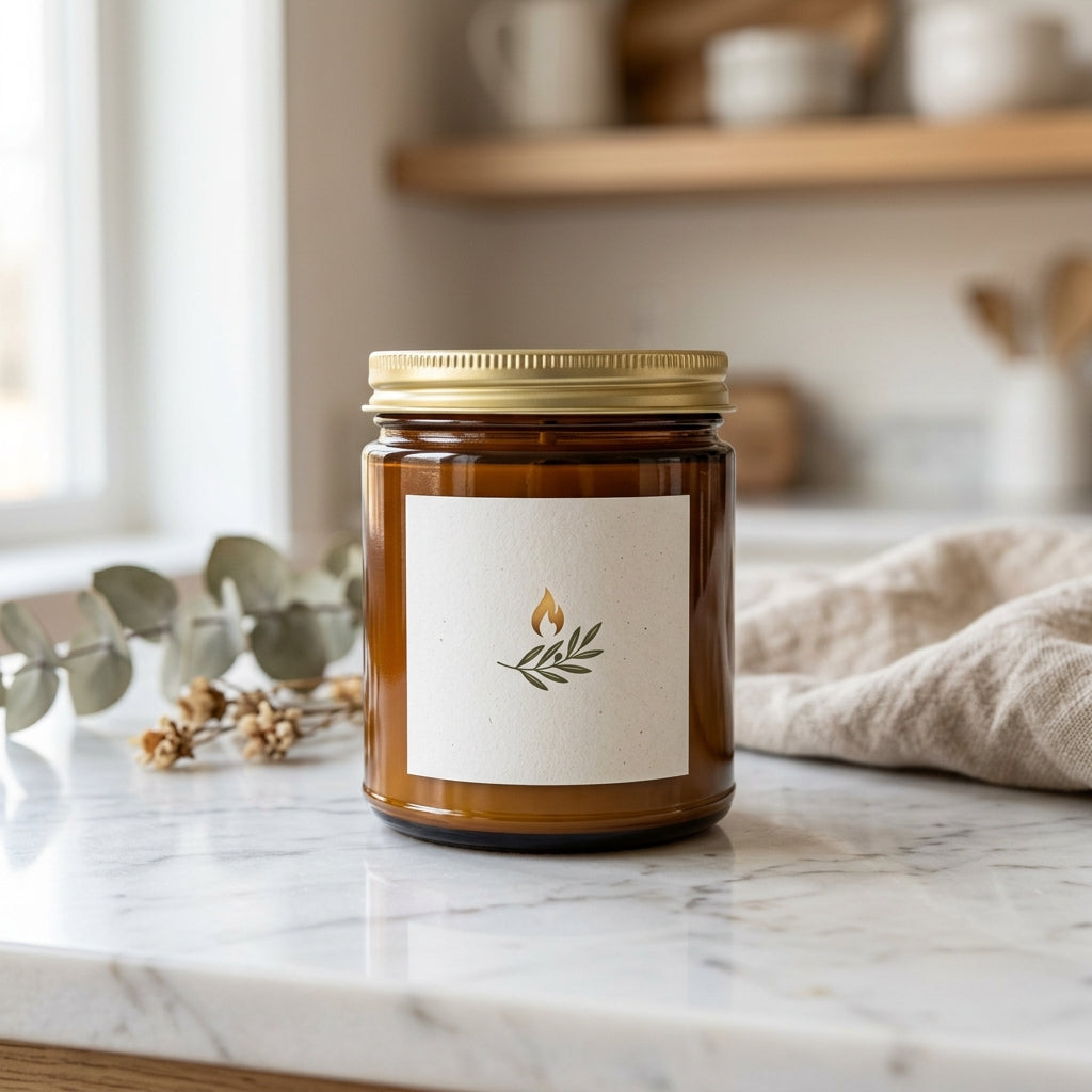 Rectangle product label sticker on a candle jar