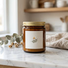 Rectangle product label sticker on a candle jar