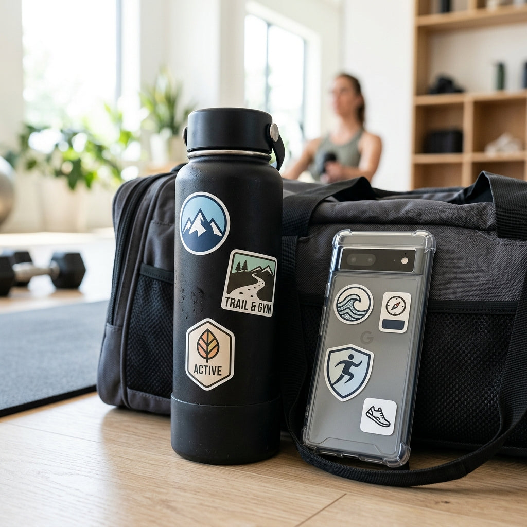 Rounded corner stickers on a water bottle and phone case