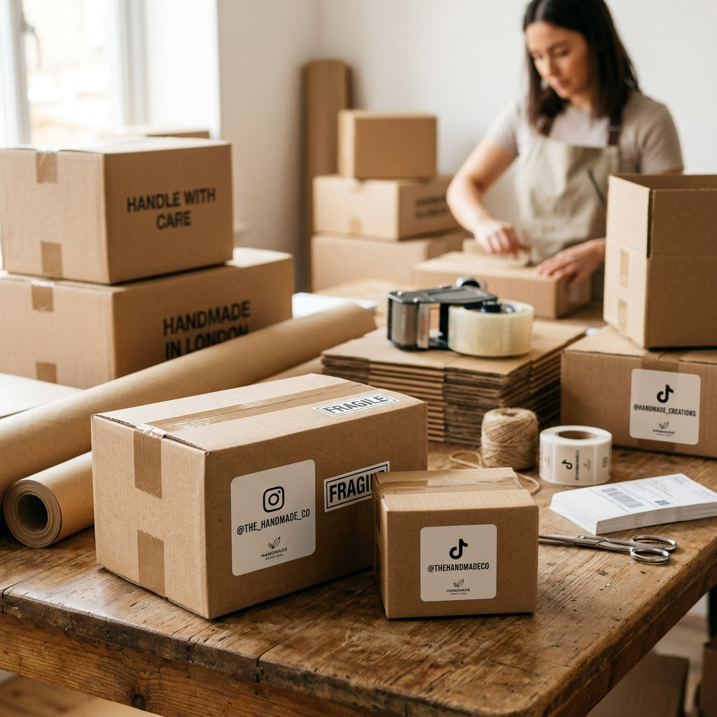 Square brand stickers on small business shipping packages