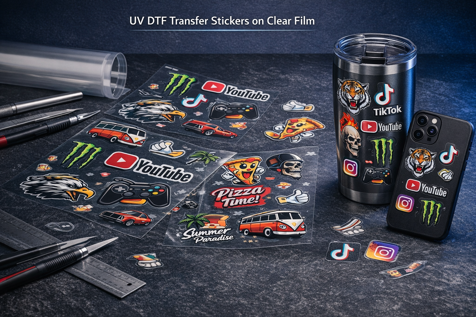 UV DTF gang sheets and finished products - tumbler, phone case, laptop cover