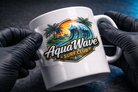 UV DTF transfer being applied to white ceramic mug with colorful logo